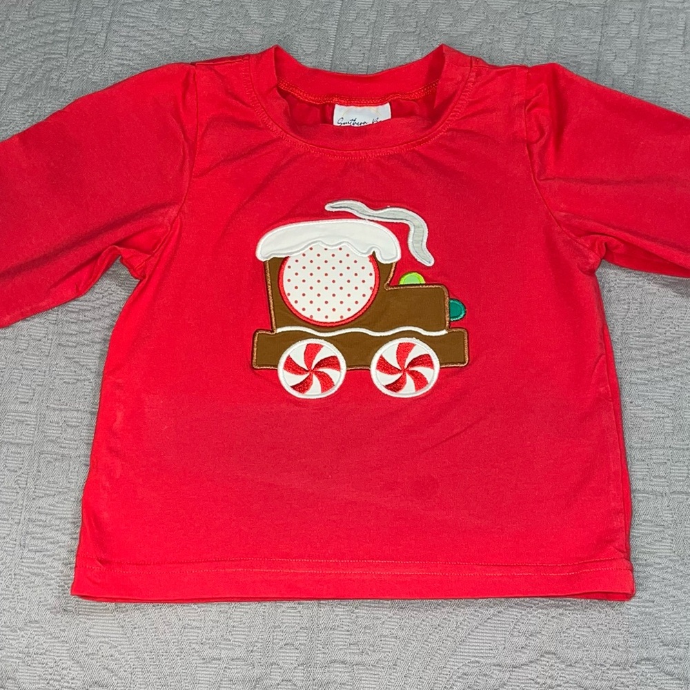 Southern boys 18 mo red appliquéd long sleeve Christmas Shirt gingerbread Train